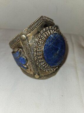 Vintage Artisan Mixed Metal Statement Cuff – Large Lapis Lazuli Centerpiece